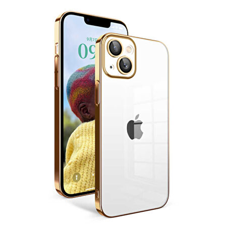 Apple iPhone 14 Kılıf Kamera Korumalı Renkli Çerçeveli Zore Garaj Kapak-Gold