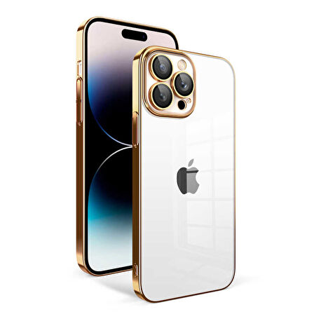 iPhone 14 Pro Uyumlu Kamera Korumalı Renkli Çerçeveli Zore Garaj Kılıf-Gold
