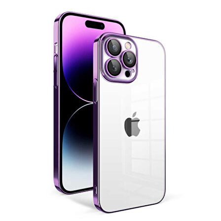 iPhone 14 Pro Max Uyumlu Kamera Korumalı Renkli Çerçeveli Ensueno Garaj Kapak-Koyu Mor