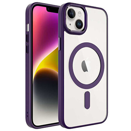 iPhone 14 Uyumlu Wireless Şarj Özellikli Zore Krom Magsafe Silikon Kılıf-Derin Mor