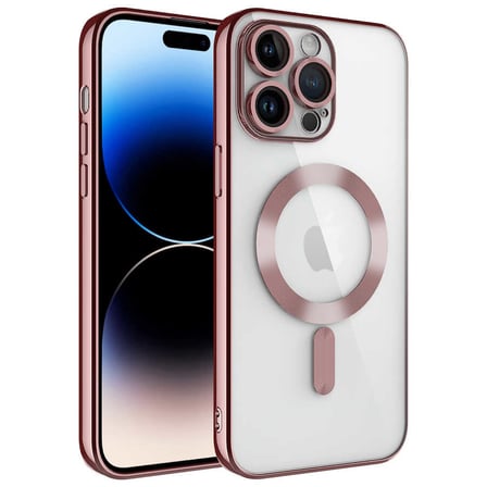 iPhone 14 Pro Uyumlu Kamera Korumalı Magsafe Wireless Şarj Özellikli NRTK Demre Kılıf-Rose Gol