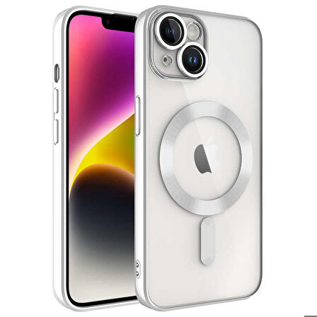 iPhone 14 Plus Uyumlu Kamera Korumalı Magsafe Wireless Şarj Özellikli Zore Demre Kapak-Gümüş