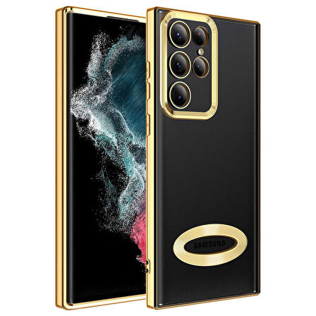 Galaxy S22 Ultra Uyumlu Kamera Korumalı Logo Gösteren Zore Omega Kapak-Gold