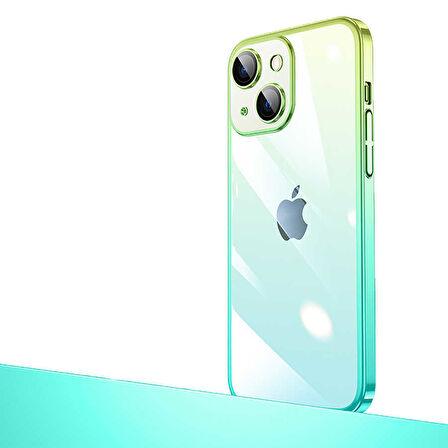 iPhone 14 Plus Uyumlu Parlak Renk Geçişli Kamera Korumalı Zore Senkron Kılıf-Yeşil-Mavi