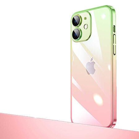 iPhone 12 Uyumlu Parlak Renk Geçişli Kamera Korumalı Zore Senkron Kılıf-Pembe-Yeşil