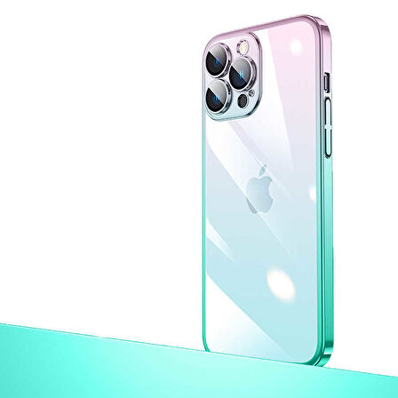 iPhone 12 Pro Uyumlu Parlak Renk Geçişli Kamera Korumalı Zore Senkron Kılıf-Pembe-Mavi