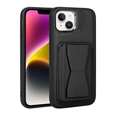 iPhone 14 Uyumlu Kartlıklı Standlı ​Pu Deri Zore Memo Kapak-Siyah