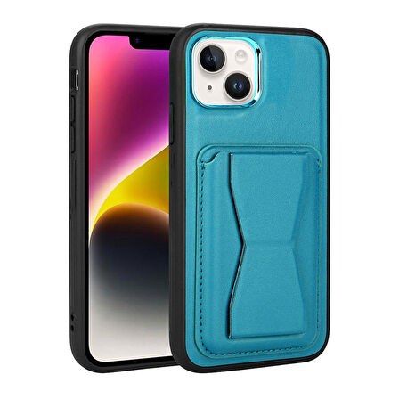 iPhone 14 Plus Uyumlu Kartlıklı Standlı ​Pu Deri Zore Memo Kapak-Mavi