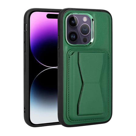 iPhone 14 Pro Uyumlu Kartlıklı Standlı ​Pu Deri NRTK Memo Kılıf-Koyu Yeşil