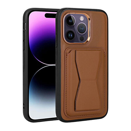 iPhone 14 Pro Max Uyumlu Kartlıklı Standlı ​Pu Deri Ensueno Memo Kapak-Kahverengi
