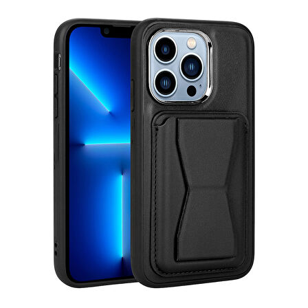 iPhone 13 Pro Uyumlu Kartlıklı Standlı ​Pu Deri Zore Memo Kılıf-Siyah
