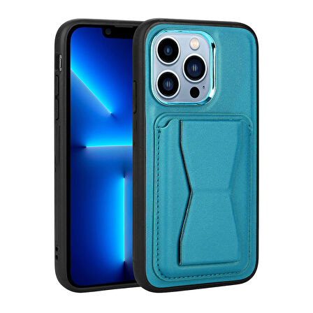 iPhone 13 Pro Uyumlu Kartlıklı Standlı ​Pu Deri Zore Memo Kılıf-Mavi