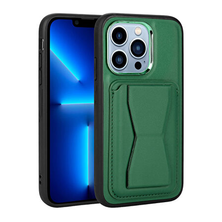 iPhone 13 Pro Uyumlu Kartlıklı Standlı ​Pu Deri Zore Memo Kılıf-Koyu Yeşil