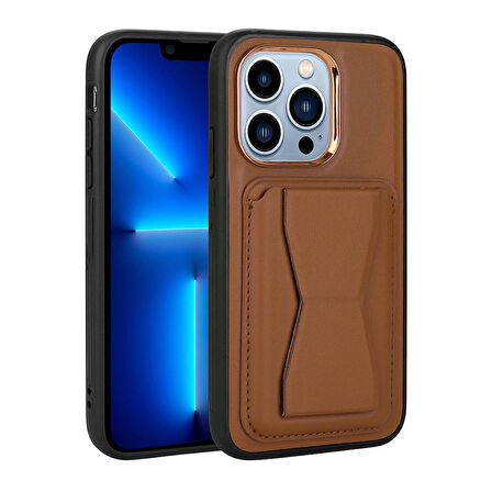 iPhone 13 Pro Max Uyumlu Kartlıklı Standlı ​Pu Deri Zore Memo Kapak-Kahverengi