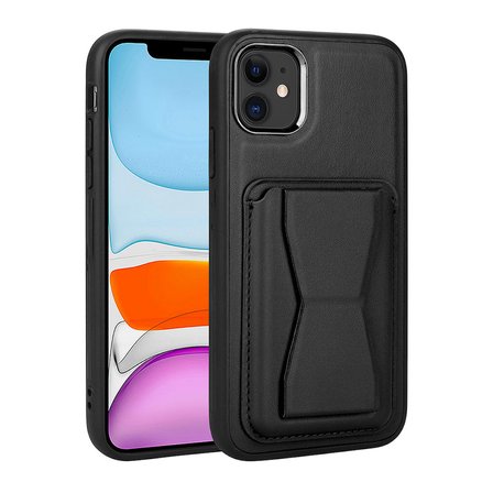 iPhone 12 Uyumlu Kartlıklı Standlı ​Pu Deri Zore Memo Kılıf-Siyah