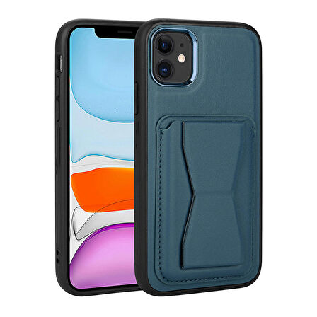 iPhone 12 Uyumlu Kartlıklı Standlı ​Pu Deri Zore Memo Kapak-Lacivert