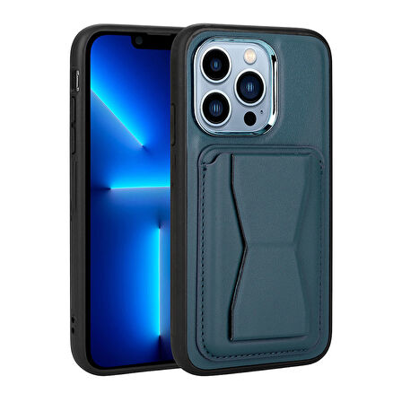 iPhone 12 Pro Uyumlu Kartlıklı Standlı ​Pu Deri Zore Memo Kılıf-Lacivert