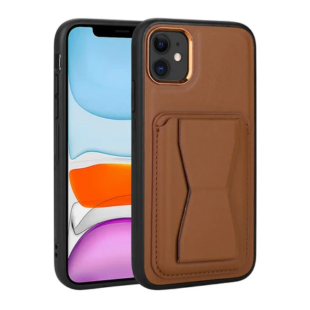 iPhone 12 Uyumlu Kartlıklı Standlı ​Pu Deri Zore Memo Kılıf-Kahverengi