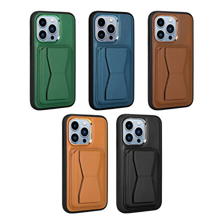 iPhone 12 Pro Max Uyumlu Kartlıklı Standlı ​Pu Deri Zore Memo Kılıf-Kahverengi