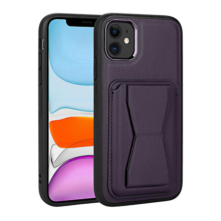 iPhone 11 Uyumlu Kartlıklı Standlı ​Pu Deri Zore Memo Kapak-Koyu Mor