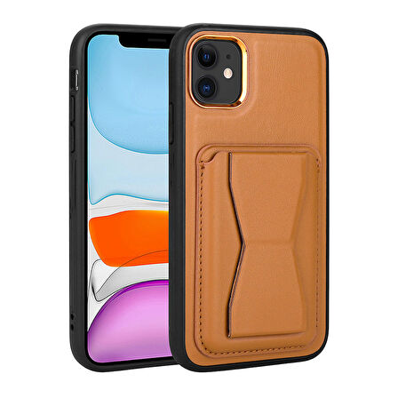iPhone 11 Uyumlu Kartlıklı Standlı ​Pu Deri Zore Memo Kılıf-Kahve Açık