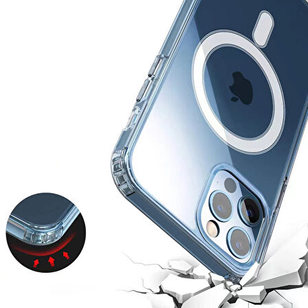 iPhone 13 Mini Uyumlu Magsafe Şarj Özellikli Şeffaf Sert PC Zore Embos Kılıf-Renksiz