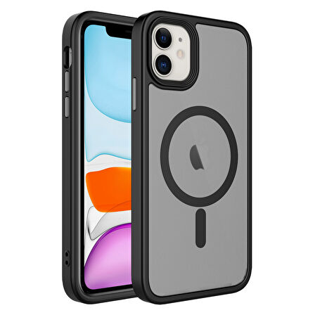 iPhone 11 Uyumlu Mat Arka Yüzey Wireless Şarj Özellikli Zore Flet Magsafe Kılıf-Siyah