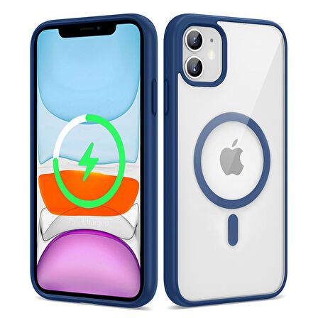 iPhone 11 Uyumlu Magsafe Wireless Şarj Özellikli Silikon Zore Ege Kapak-Mavi