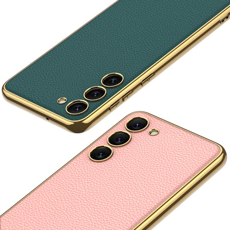 Galaxy S23 Uyumlu Deri Görünümlü Kenarları Elektroplating Kaplama Zore Fizyon Kılıf-Siyah