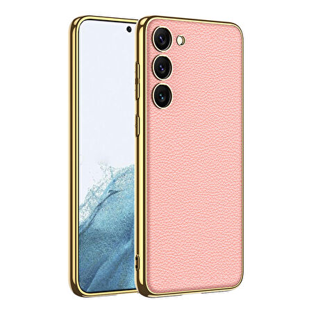 Galaxy S23 Uyumlu Deri Görünümlü Kenarları Elektroplating Kaplama Zore Fizyon Kılıf-Pembe