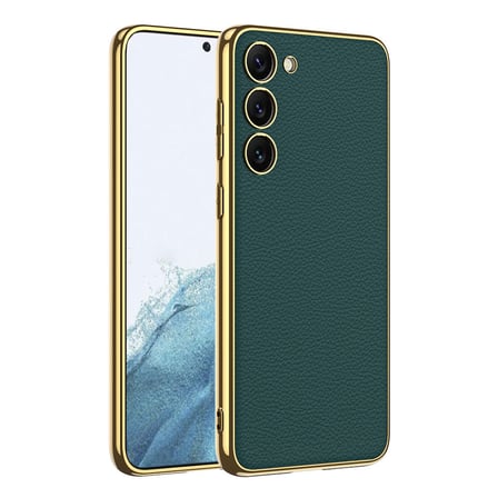 Galaxy S23 Uyumlu Deri Görünümlü Kenarları Elektroplating Kaplama NRTK Fizyon Kılıf-Koyu Yeş