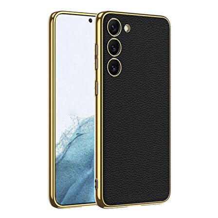 Galaxy S23 Plus Uyumlu Deri Görünümlü Kenarları Elektroplating Kaplama Zore Fizyon Kılıf-Siy