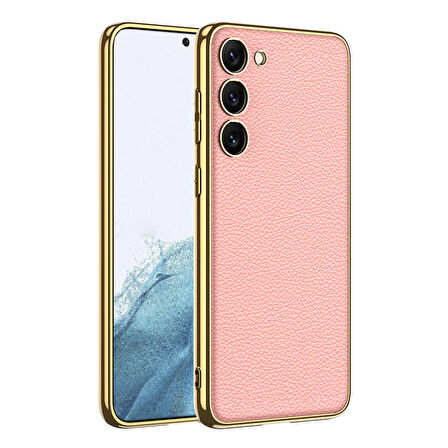 Galaxy S23 Plus Uyumlu Deri Görünümlü Kenarları Elektroplating Kaplama Zore Fizyon Kapak-Pembe