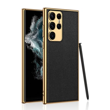 Galaxy S23 Ultra Uyumlu Deri Görünümlü Kenarları Elektroplating Kaplama MKST Fizyon Kılıf-Si