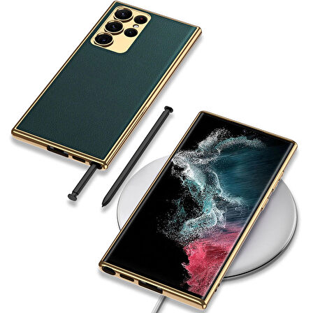 Galaxy S23 Ultra Uyumlu Deri Görünümlü Kenarları Elektroplating Kaplama Zore Fizyon Kapak-Kırmızı