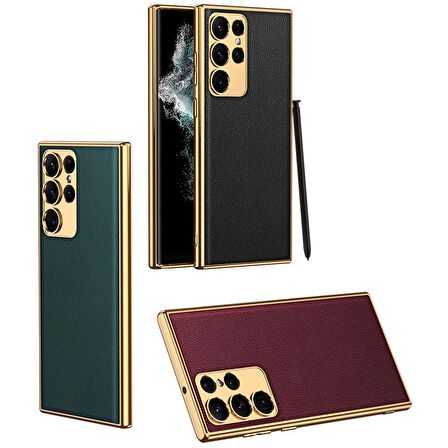 Galaxy S23 Ultra Uyumlu Deri Görünümlü Kenarları Elektroplating Kaplama Zore Fizyon Kapak-Koyu Yeşil