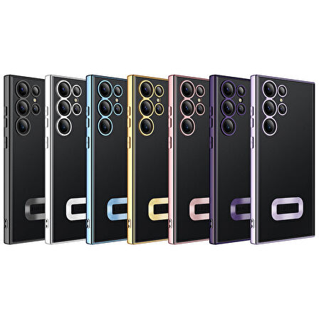 Galaxy S23 Ultra Uyumlu Kamera Korumalı Logo Gösteren Zore Omega Kapak-Gold