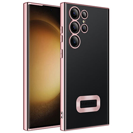 Galaxy S23 Ultra Uyumlu Kamera Korumalı Logo Gösteren Zore Omega Kapak-Rose Gold