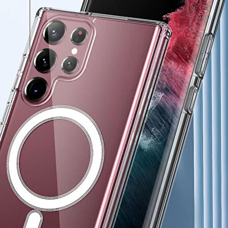 Galaxy S23 Ultra Uyumlu Zore Magsafe Şarj Özellikli Şeffaf Sert PC Zore Embos Kapak-Renksiz