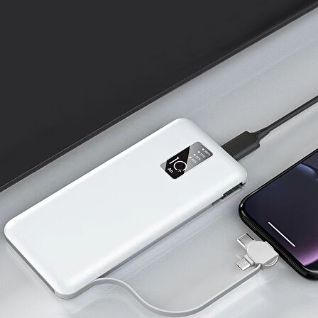 Siyah PW-05 Hızlı Led Göstergeli Micro Lightning Type-C Kablolu Taşınabilir Powerbank 10000mAh Zore