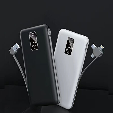 Siyah PW-05 Hızlı Led Göstergeli Micro Lightning Type-C Kablolu Taşınabilir Powerbank 10000mAh Zore