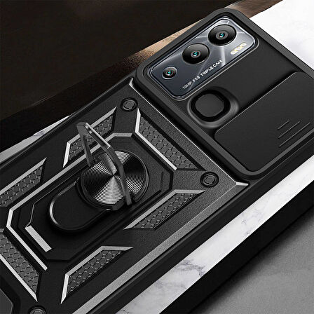 İnfinix Hot 20i Kılıf Magnetik Standlı Kamera Korumalı Zore Sürgülü Vega Kapak-Mavi
