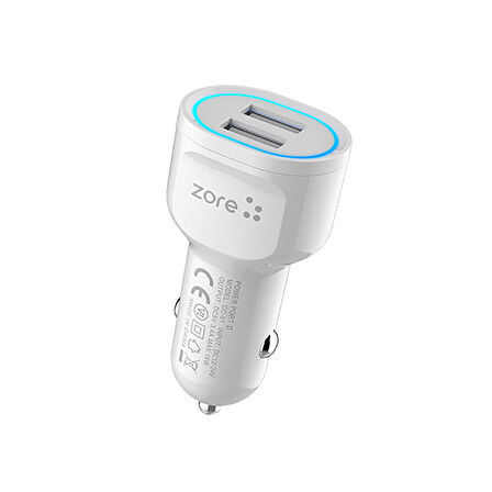 Beyaz CC-01 Hızlı Şarj Özellikli LED Işıklı Dual USB Araç Şarj Başlığı 18W Zore-CBP