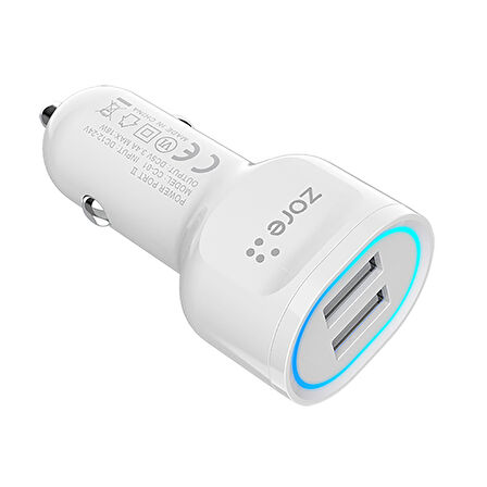 Beyaz CC-01 Hızlı Şarj Özellikli LED Işıklı Dual USB Araç Şarj Başlığı 18W Zore-CBP