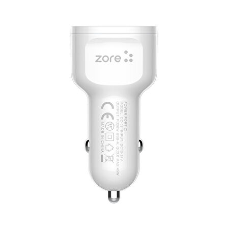 Beyaz CC-02 Hızlı Şarj Özellikli LED Işıklı QC 3.0 USB-A ve Type-C PD Araç Şarj Başlığı PD 20W Zore-CBP