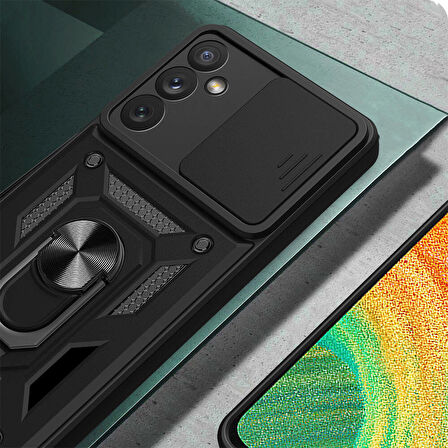 Galaxy A34 Kılıf Magnetik Standlı Kamera Korumalı Zore Sürgülü Vega Kapak-Mavi
