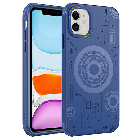 Apple iPhone 11 Kılıf Zore Wireless Şarj Özellikli Desenli Hot Kapak-Lacivert
