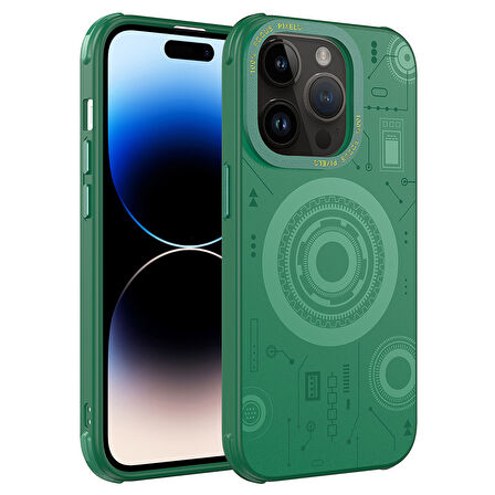 Apple iPhone 14 Pro Kılıf Zore Wireless Şarj Özellikli Desenli Hot Kapak-Koyu Yeşil