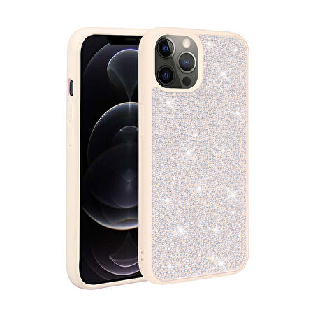 iPhone 13 Pro Uyumlu Parlak Taşlı Tasarım Zore Ston Kılıf-Beyaz