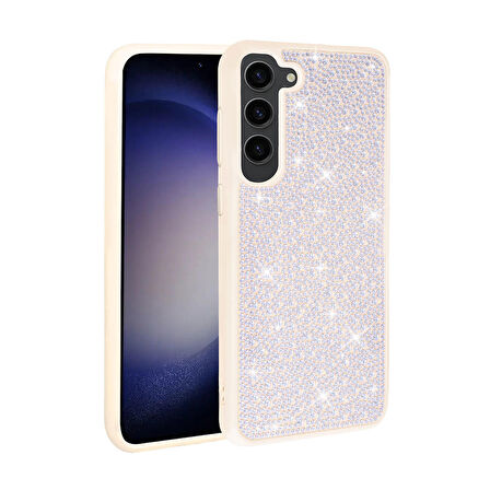 Galaxy S23 Plus Uyumlu Parlak Taşlı Tasarım Ensueno Ston Kapak-Beyaz